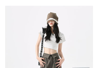 Mid Rise Folded Waistline Plain Wide Leg Cargo Pants