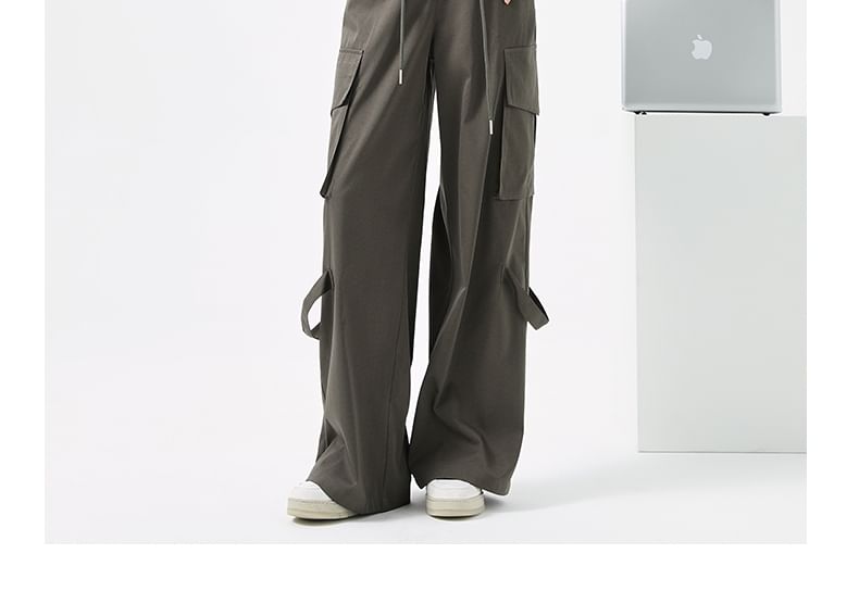 Mid Rise Folded Waistline Plain Wide Leg Cargo Pants
