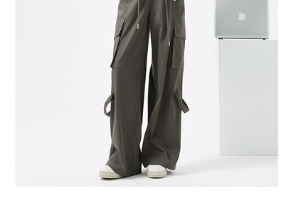 Mid Rise Folded Waistline Plain Wide Leg Cargo Pants