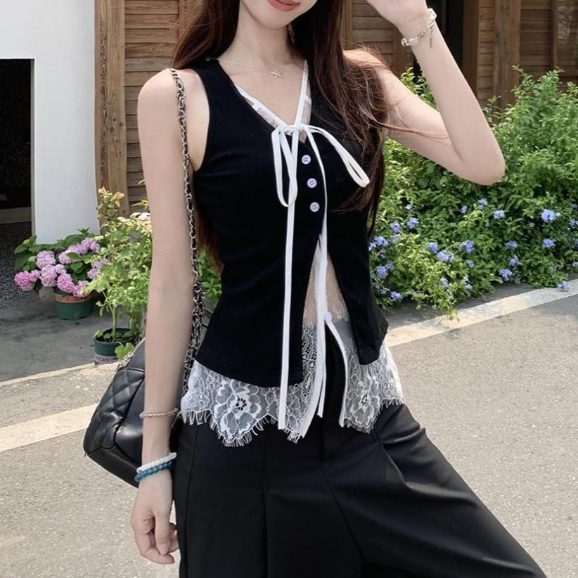 Mock Two Piece V-Neck Lace Tank Top