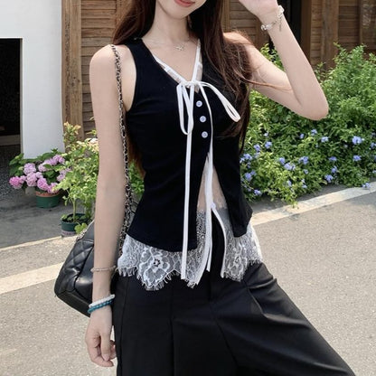 Mock Two Piece V-Neck Lace Tank Top