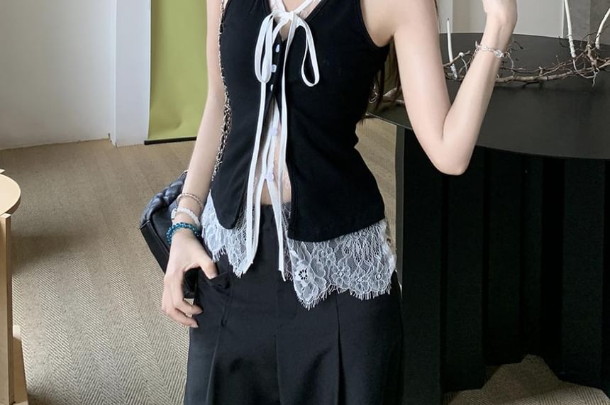 Mock Two Piece V-Neck Lace Tank Top