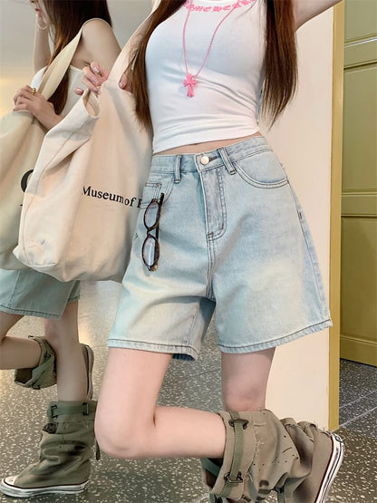 Mid Rise Washed Denim Shorts