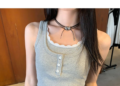 Round Neck Mock Two Piece Lace Trim Tank Top