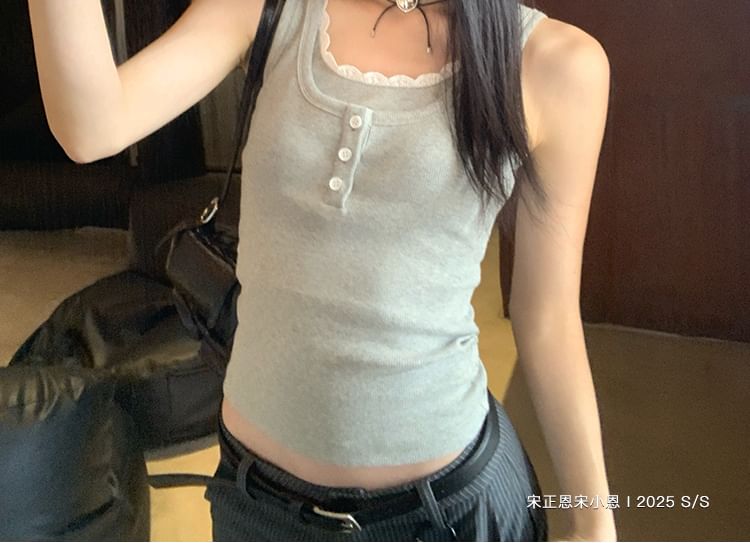 Round Neck Mock Two Piece Lace Trim Tank Top