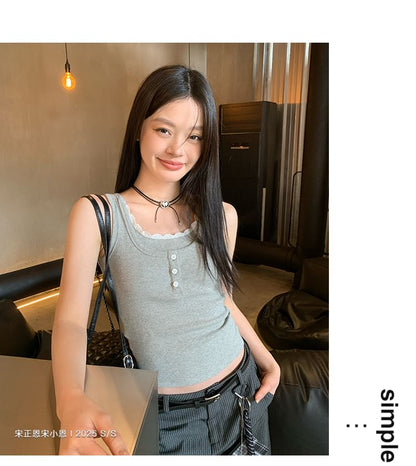 Round Neck Mock Two Piece Lace Trim Tank Top