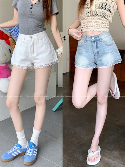 Mid Rise Lace Trim Washed Denim Wide Leg Shorts