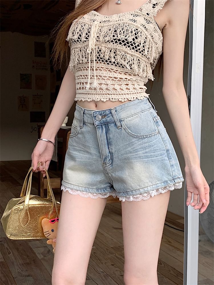 Mid Rise Lace Trim Washed Denim Wide Leg Shorts