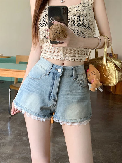 Mid Rise Lace Trim Washed Denim Wide Leg Shorts