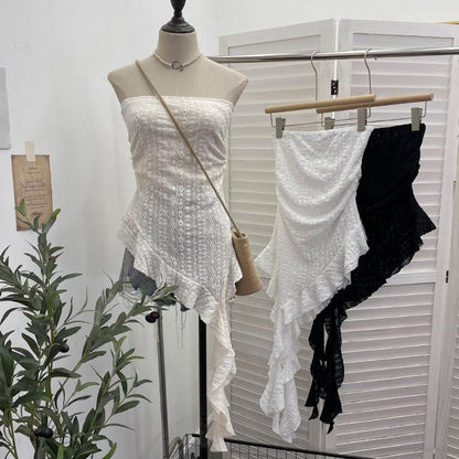 Asymmetrical Ruffle Lace Tube Top