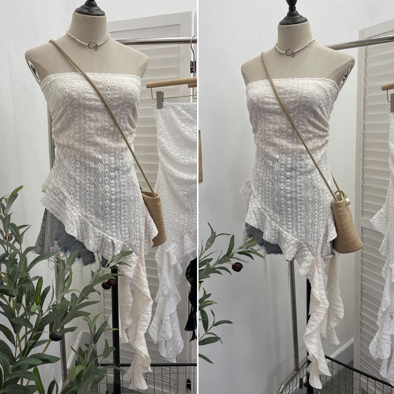Asymmetrical Ruffle Lace Tube Top