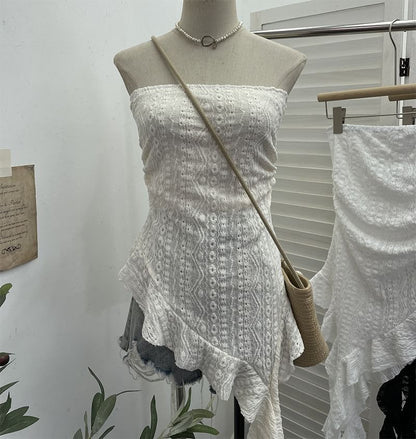 Asymmetrical Ruffle Lace Tube Top