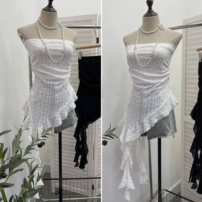 Asymmetrical Ruffle Lace Tube Top