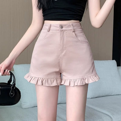 Mid Rise Frill Trim Denim Shorts