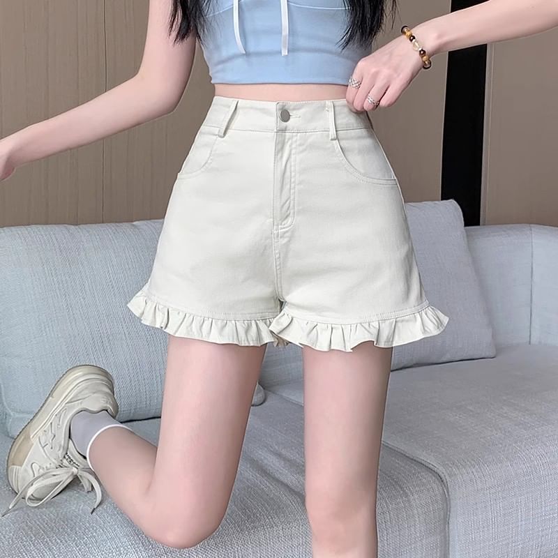 Mid Rise Frill Trim Denim Shorts