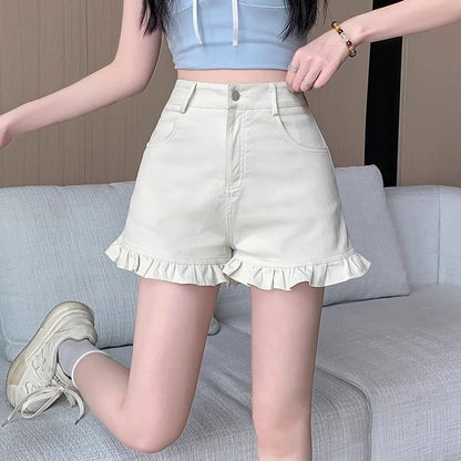 Mid Rise Frill Trim Denim Shorts