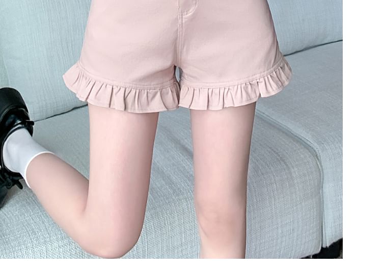 Mid Rise Frill Trim Denim Shorts