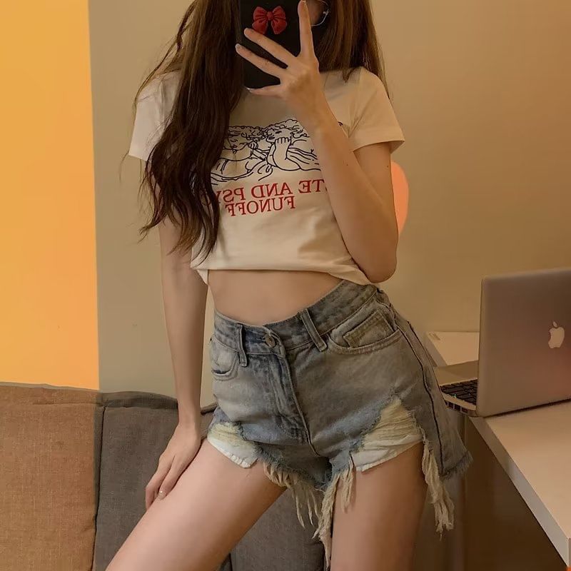 Mid Waist Washed Distressed Denim Hot Pants