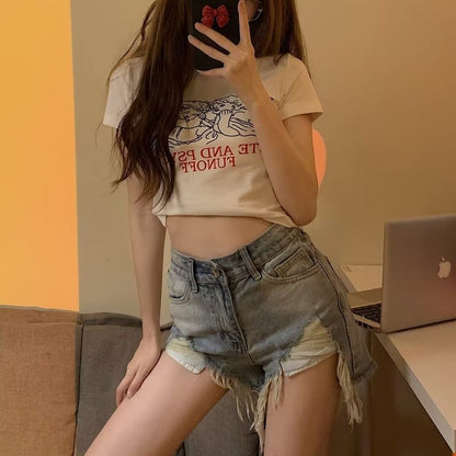 Mid Waist Washed Distressed Denim Hot Pants