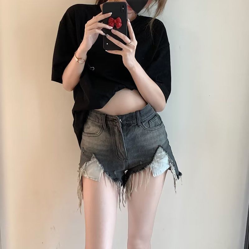 Mid Waist Washed Distressed Denim Hot Pants