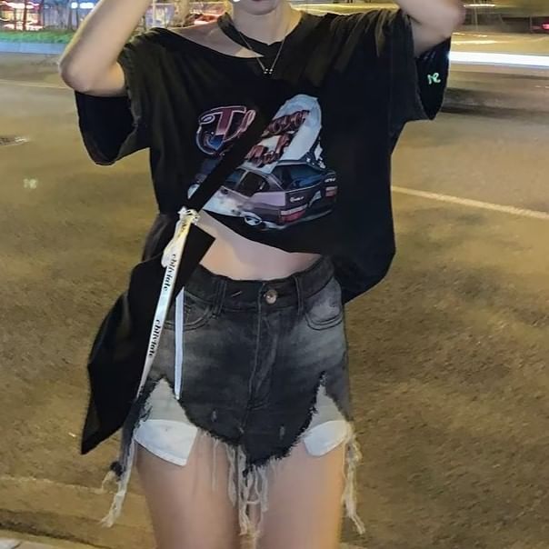 Mid Waist Washed Distressed Denim Hot Pants