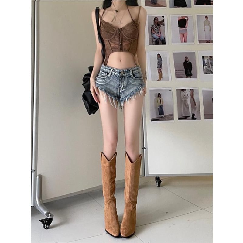 Low Rise Washed Fringe Denim Shorts