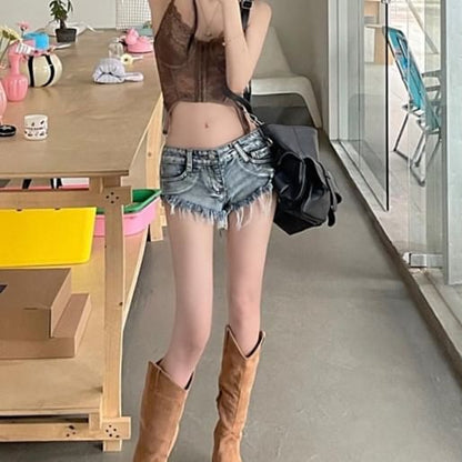 Low Rise Washed Fringe Denim Shorts