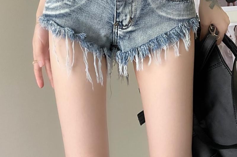 Low Rise Washed Fringe Denim Shorts