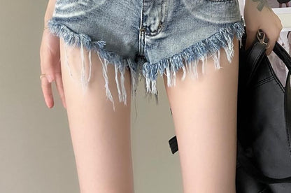 Low Rise Washed Fringe Denim Shorts