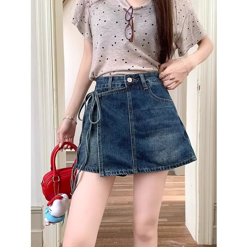 High Waist Washed Tie-Up Mini Denim Skort