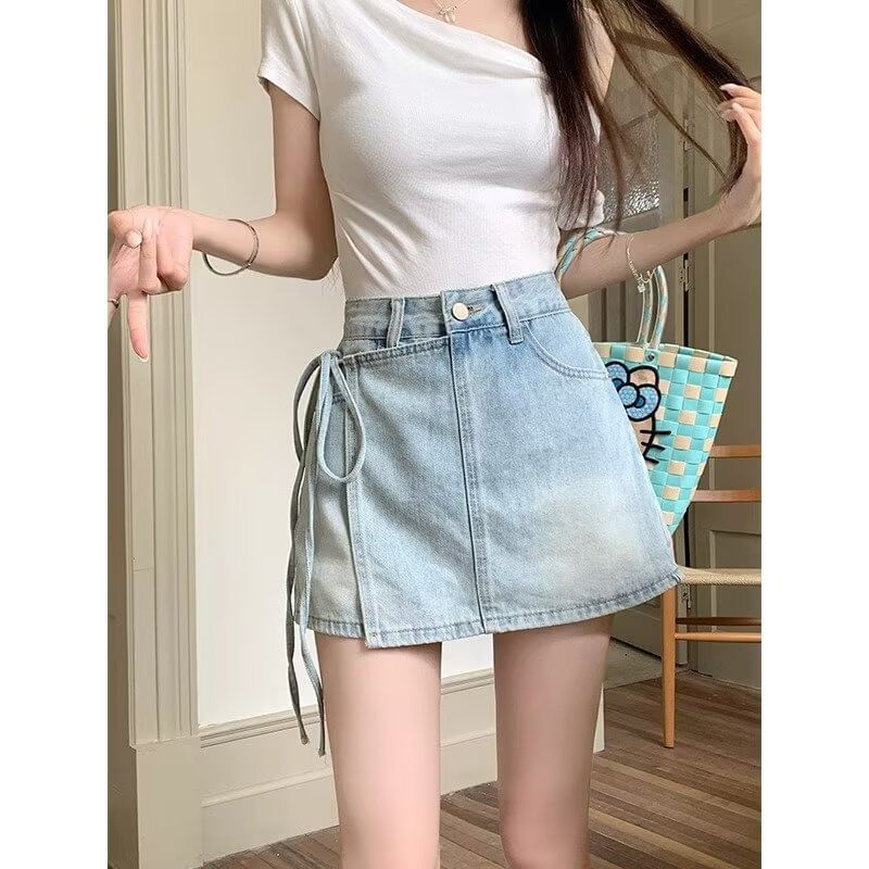 High Waist Washed Tie-Up Mini Denim Skort