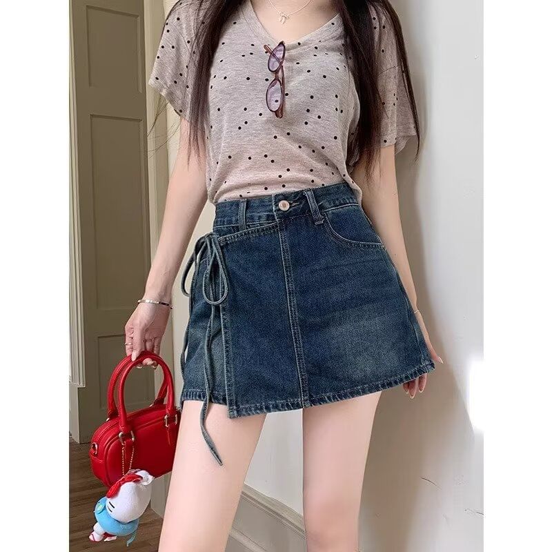 High Waist Washed Tie-Up Mini Denim Skort