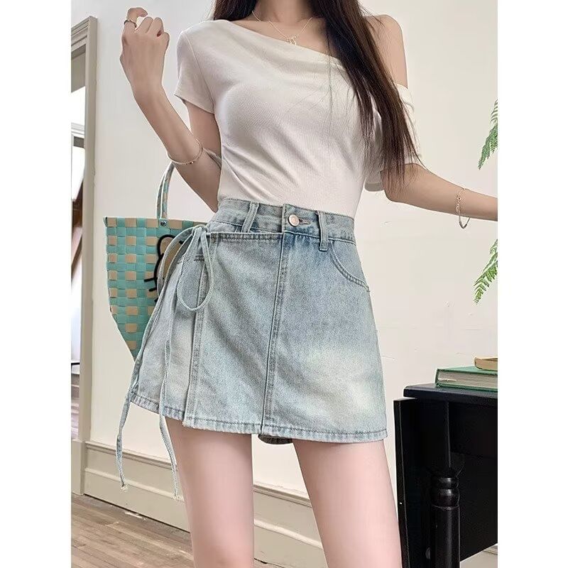 High Waist Washed Tie-Up Mini Denim Skort