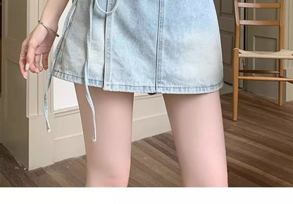 High Waist Washed Tie-Up Mini Denim Skort