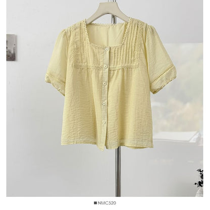 Square Neck Lace Trim Button Blouse