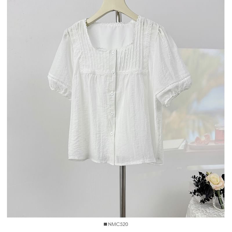 Square Neck Lace Trim Button Blouse