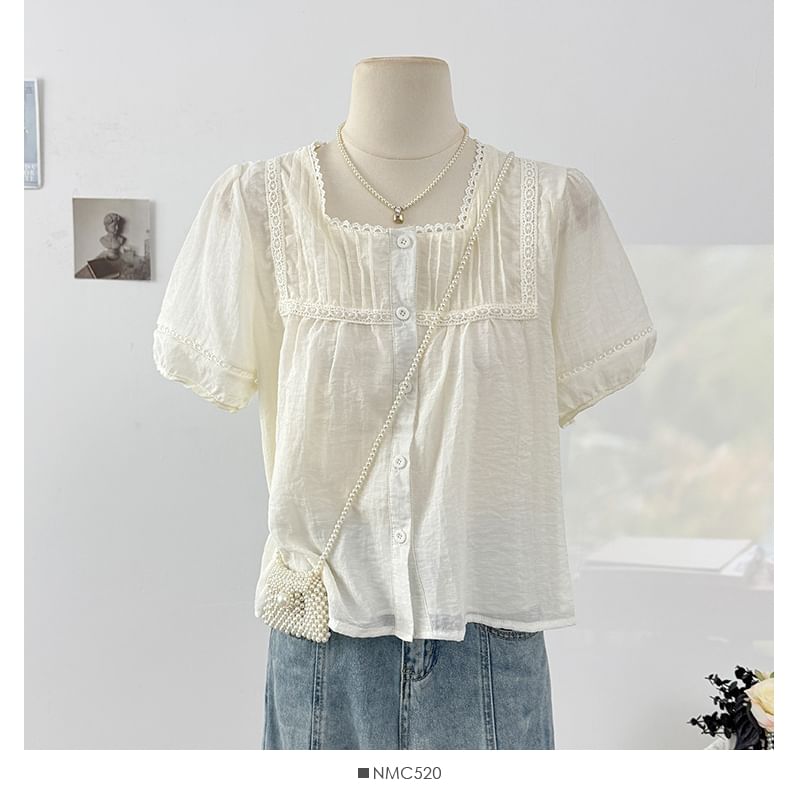 Square Neck Lace Trim Button Blouse