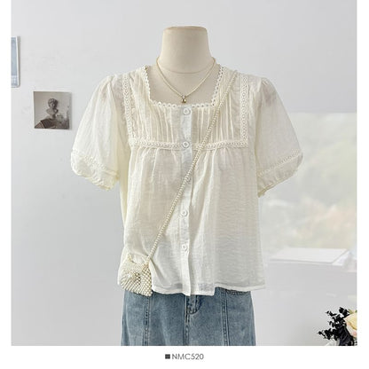 Square Neck Lace Trim Button Blouse