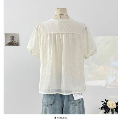 Square Neck Lace Trim Button Blouse
