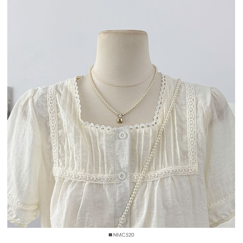 Square Neck Lace Trim Button Blouse