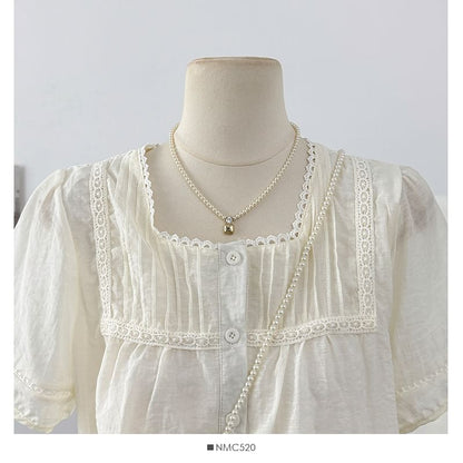 Square Neck Lace Trim Button Blouse