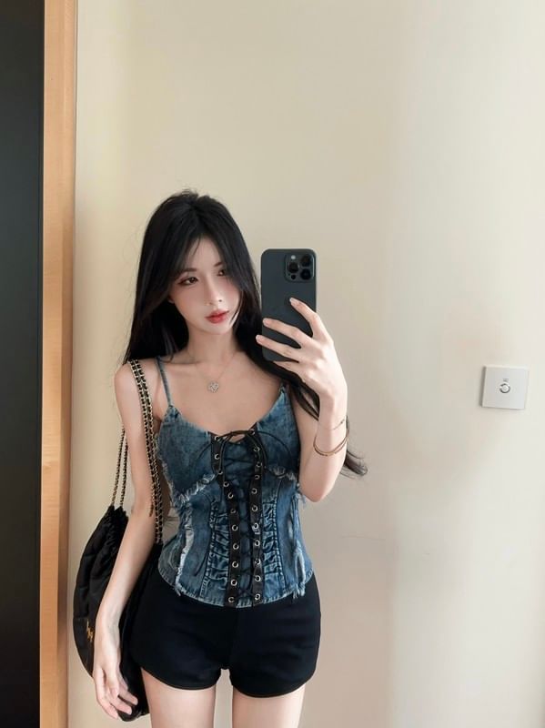 V-Neck Ruched Frayed Lace-Up Denim Crop Cami Top
