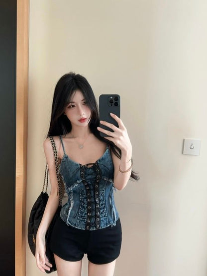 V-Neck Ruched Frayed Lace-Up Denim Crop Cami Top