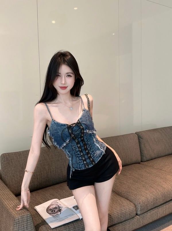 V-Neck Ruched Frayed Lace-Up Denim Crop Cami Top