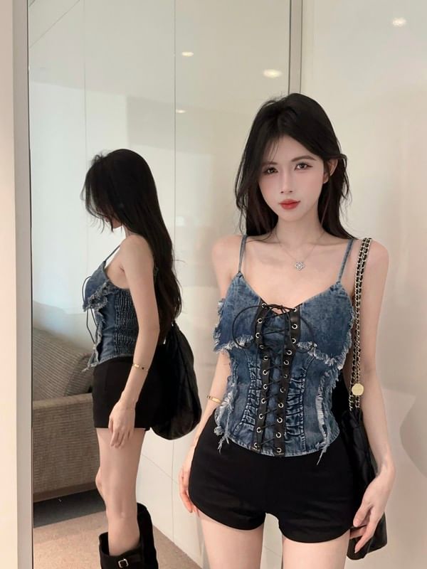 V-Neck Ruched Frayed Lace-Up Denim Crop Cami Top