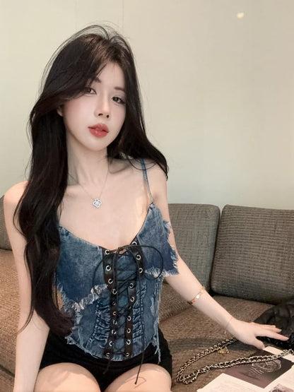 V-Neck Ruched Frayed Lace-Up Denim Crop Cami Top