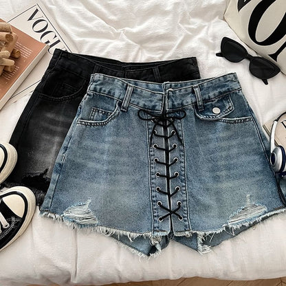 High Waist Washed Frayed Distressed Lace-Up Denim Mini A-Line Skort
