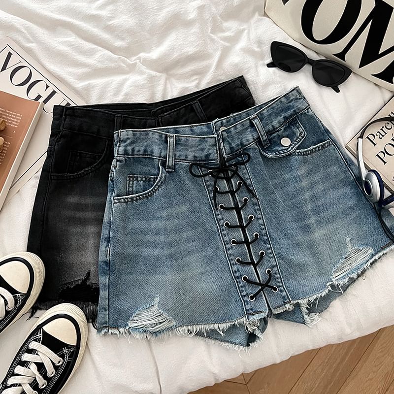 High Waist Washed Frayed Distressed Lace-Up Denim Mini A-Line Skort