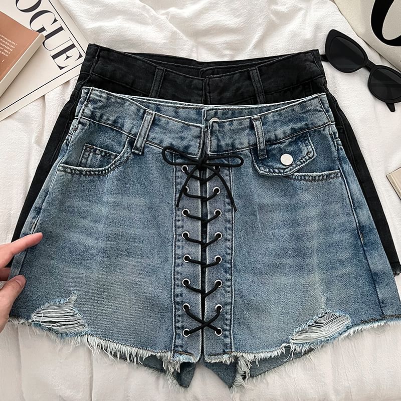 High Waist Washed Frayed Distressed Lace-Up Denim Mini A-Line Skort