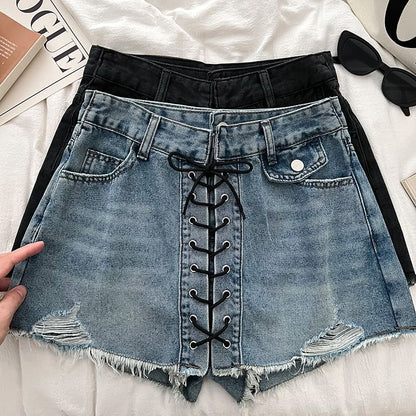 High Waist Washed Frayed Distressed Lace-Up Denim Mini A-Line Skort